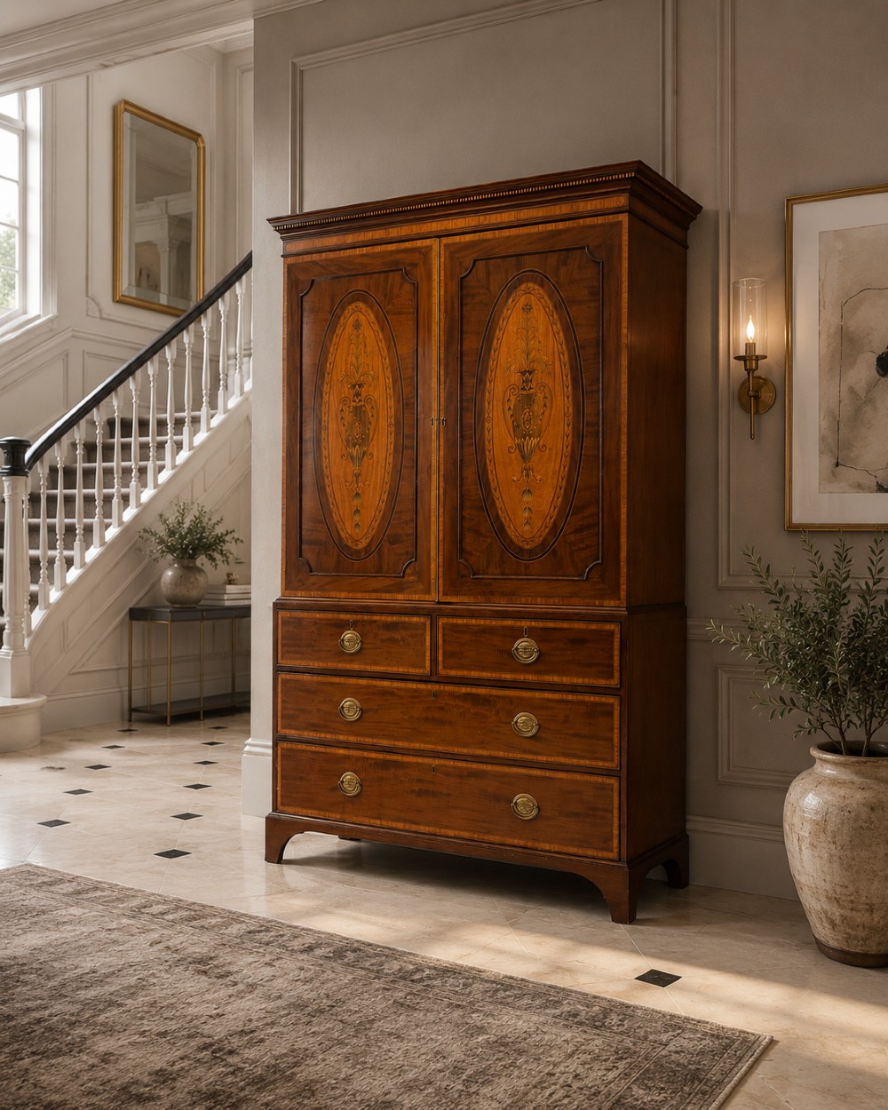 An antique Georgian mahogany linen press featuring two doors decorated with oval satinwood urn marquetry inlays situated above four drawers with brass handles. View III