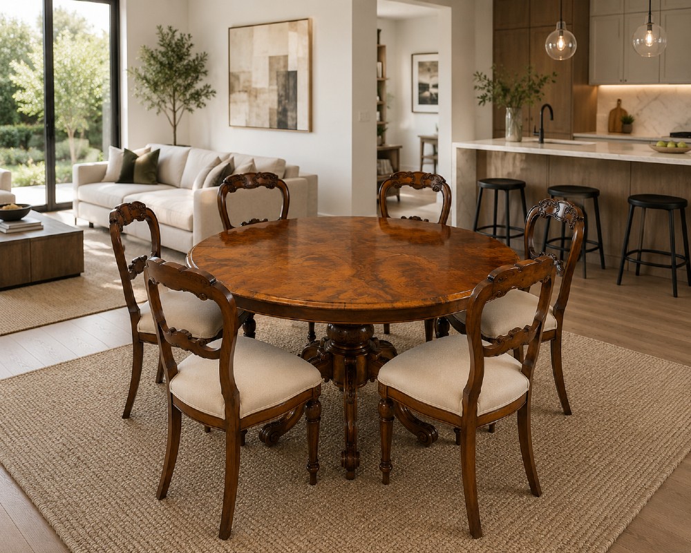 An antique Victorian oval tilt-top dining table featuring book-matched burr walnut grain mounted on a carved central column and tripod base with castors. View IV