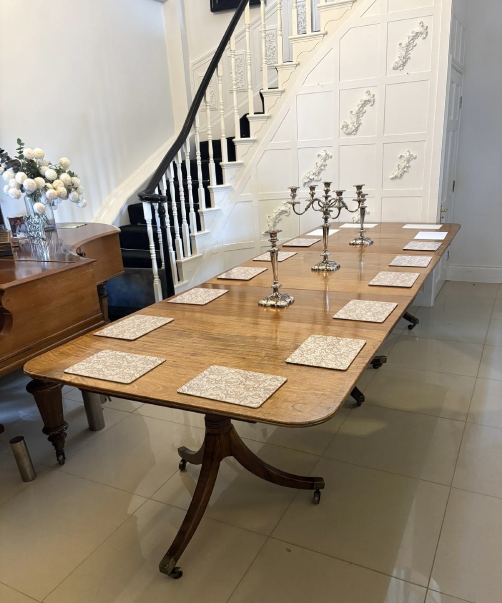 A long Regency mahogany extending dining table supported by turned pedestal pillars with splayed legs and brass castors. View VI