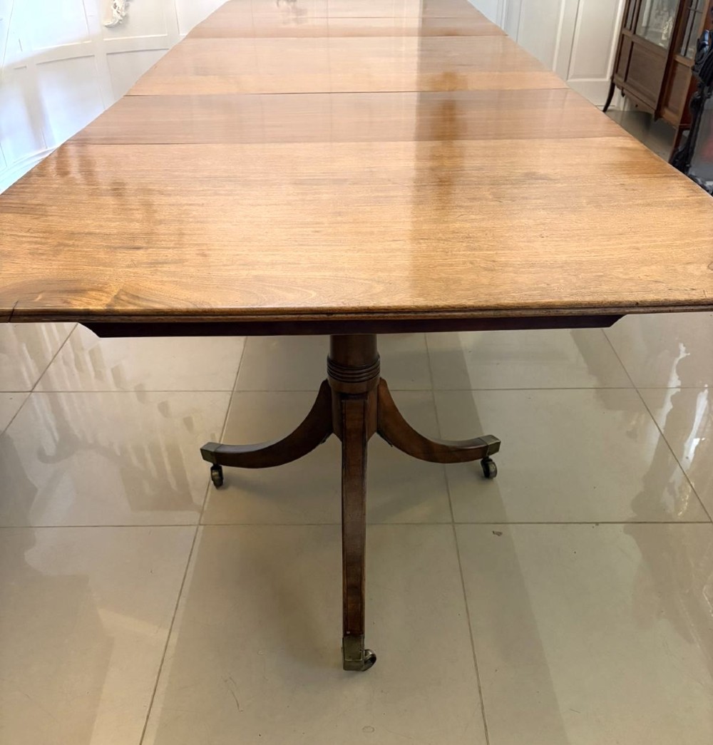 A long Regency mahogany extending dining table supported by turned pedestal pillars with splayed legs and brass castors. View VIII