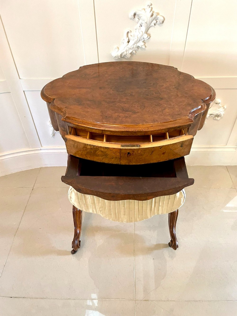 Antique Victorian Burr Walnut Work Table View VI