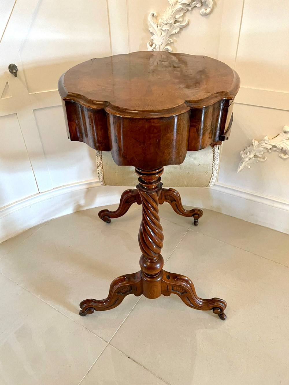 Antique Victorian Burr Walnut Work Table View X