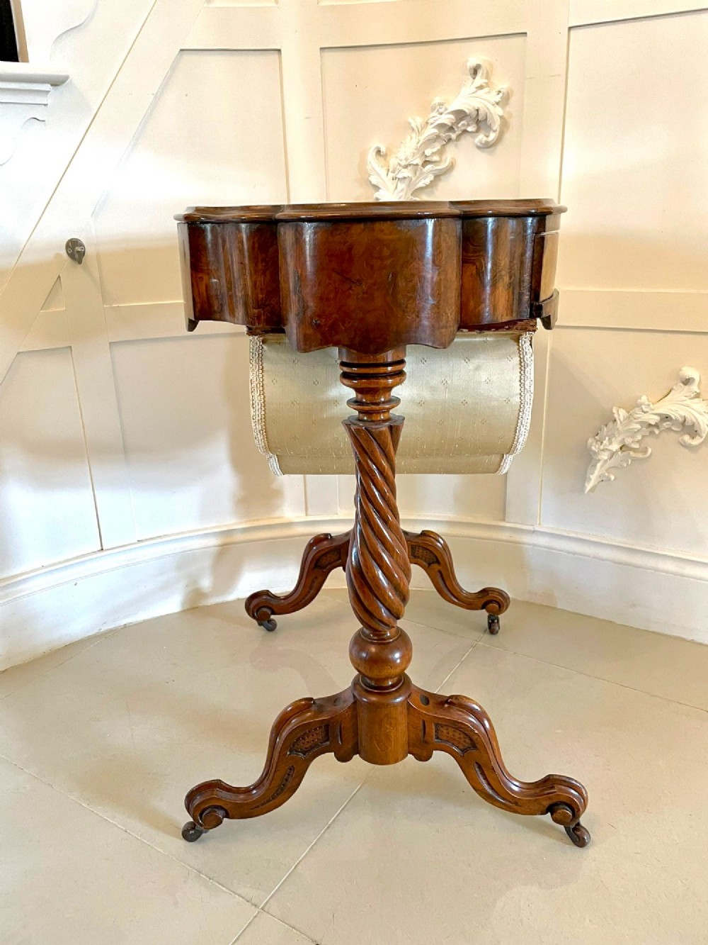 Antique Victorian Burr Walnut Work Table View XI