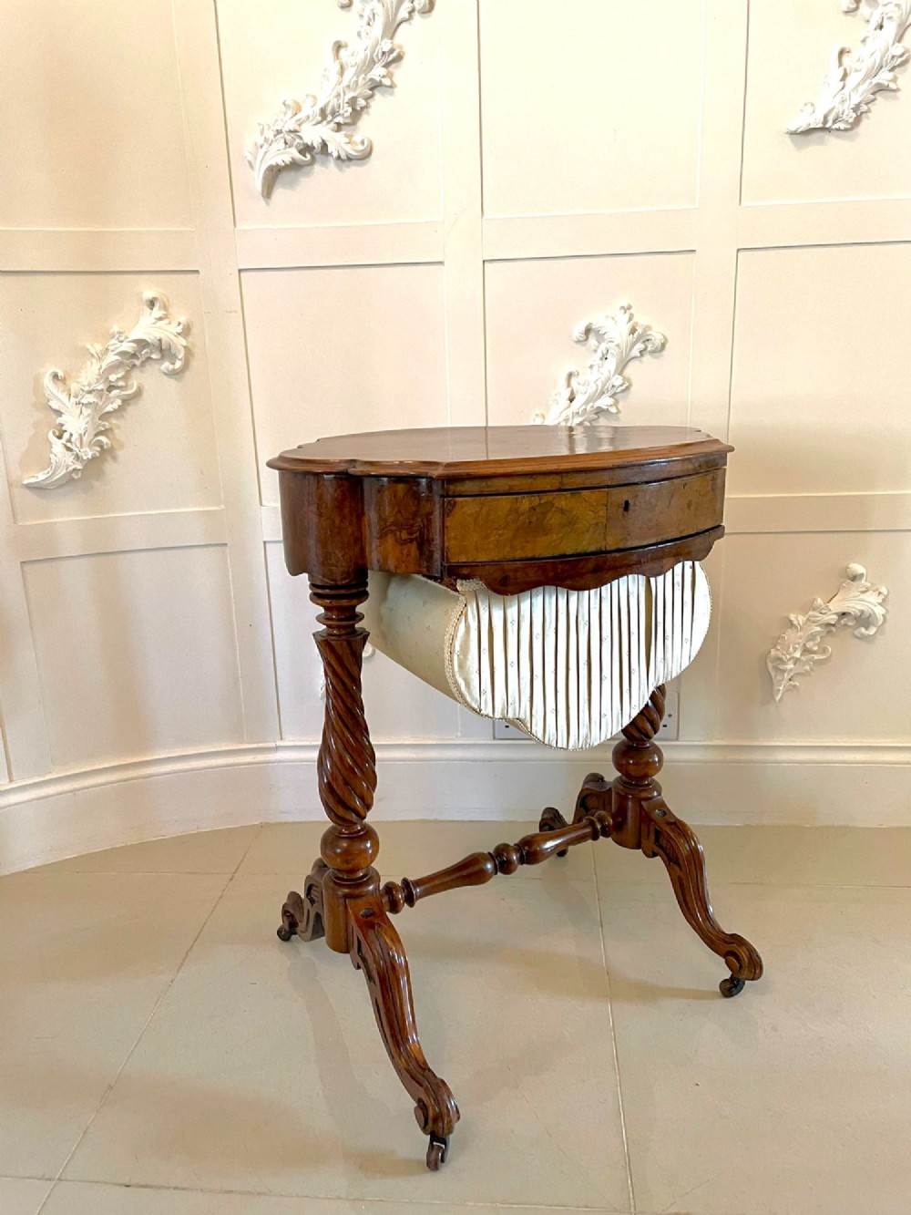 Antique Victorian Burr Walnut Work Table View XV