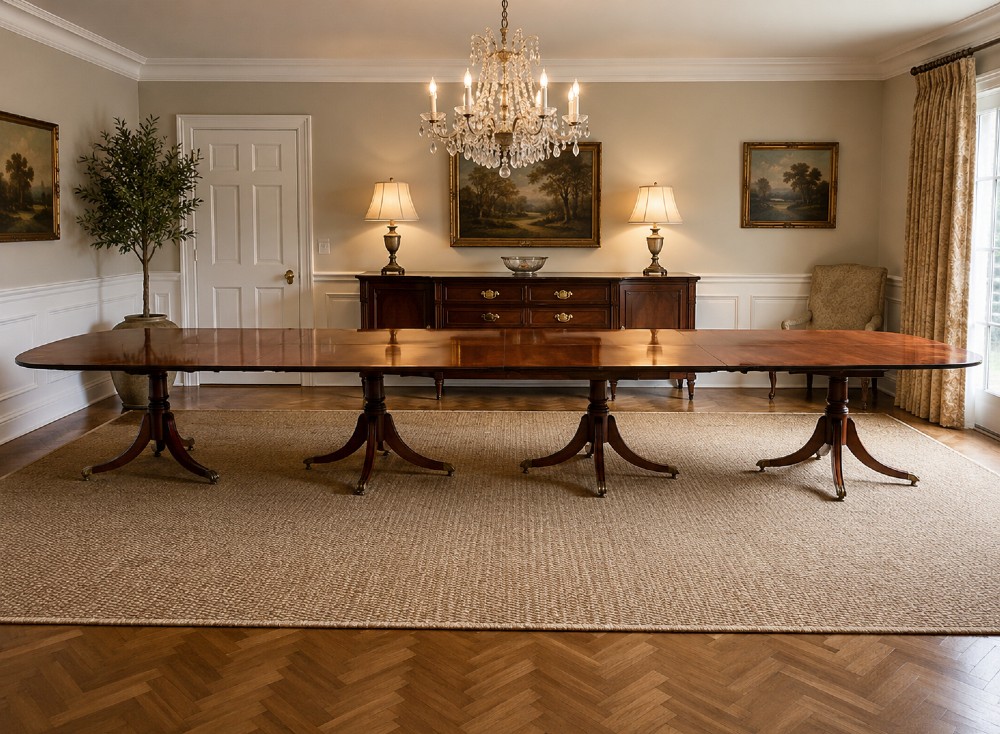 An exceptionally long mahogany banquet dining table supported on four turned pedestals with splayed legs and brass castors. View VI