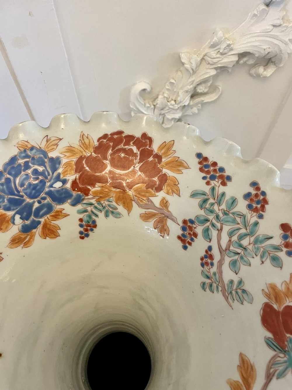 A tall 19th-century Japanese Imari porcelain floor-standing vase featuring polychrome enamel figurative scenes, floral motifs, and a fluted frilled rim. View VII