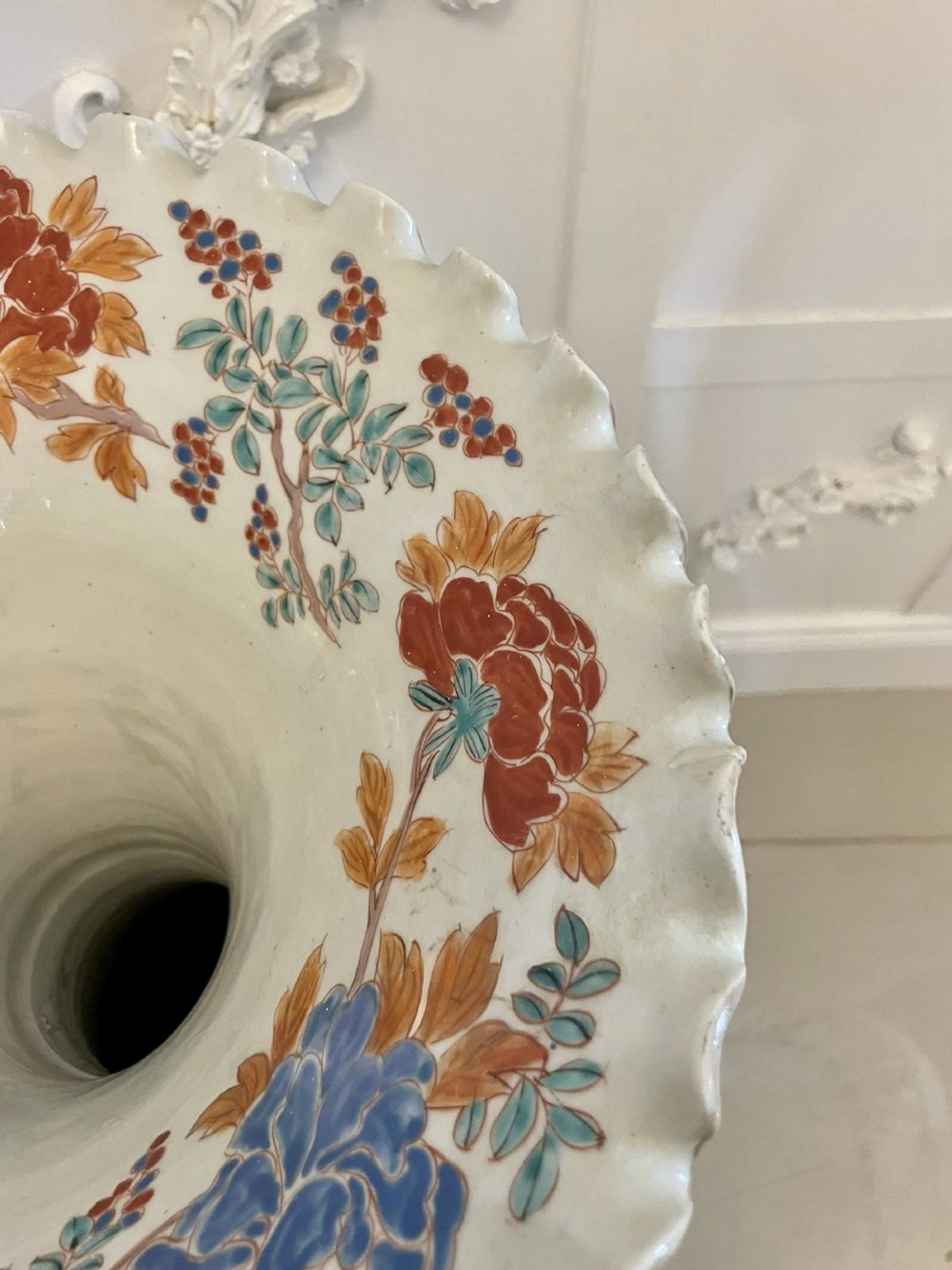 A tall 19th-century Japanese Imari porcelain floor-standing vase featuring polychrome enamel figurative scenes, floral motifs, and a fluted frilled rim. View VIII