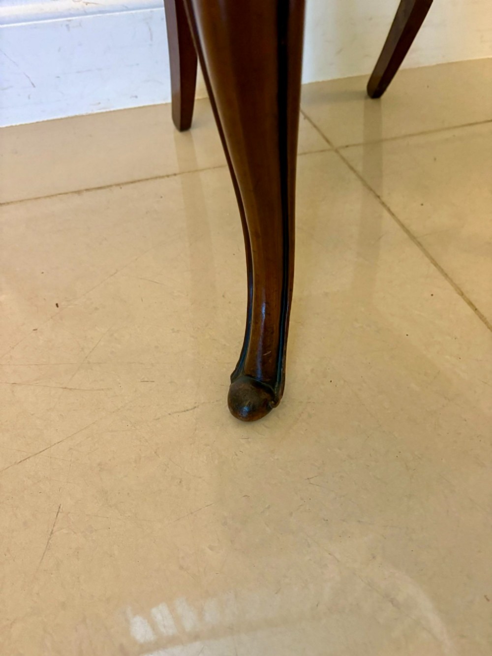 Set of six antique Victorian mahogany dining chairs featuring carved balloon backrests, cabriole front legs, and green-and-white striped fabric seats. View III