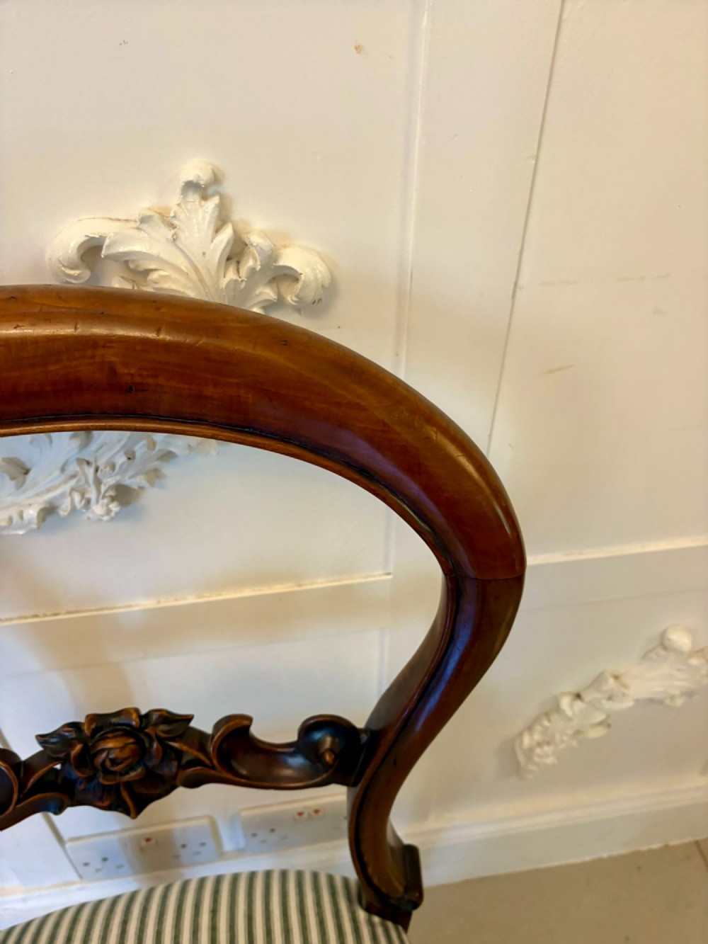 Set of six antique Victorian mahogany dining chairs featuring carved balloon backrests, cabriole front legs, and green-and-white striped fabric seats. View XI