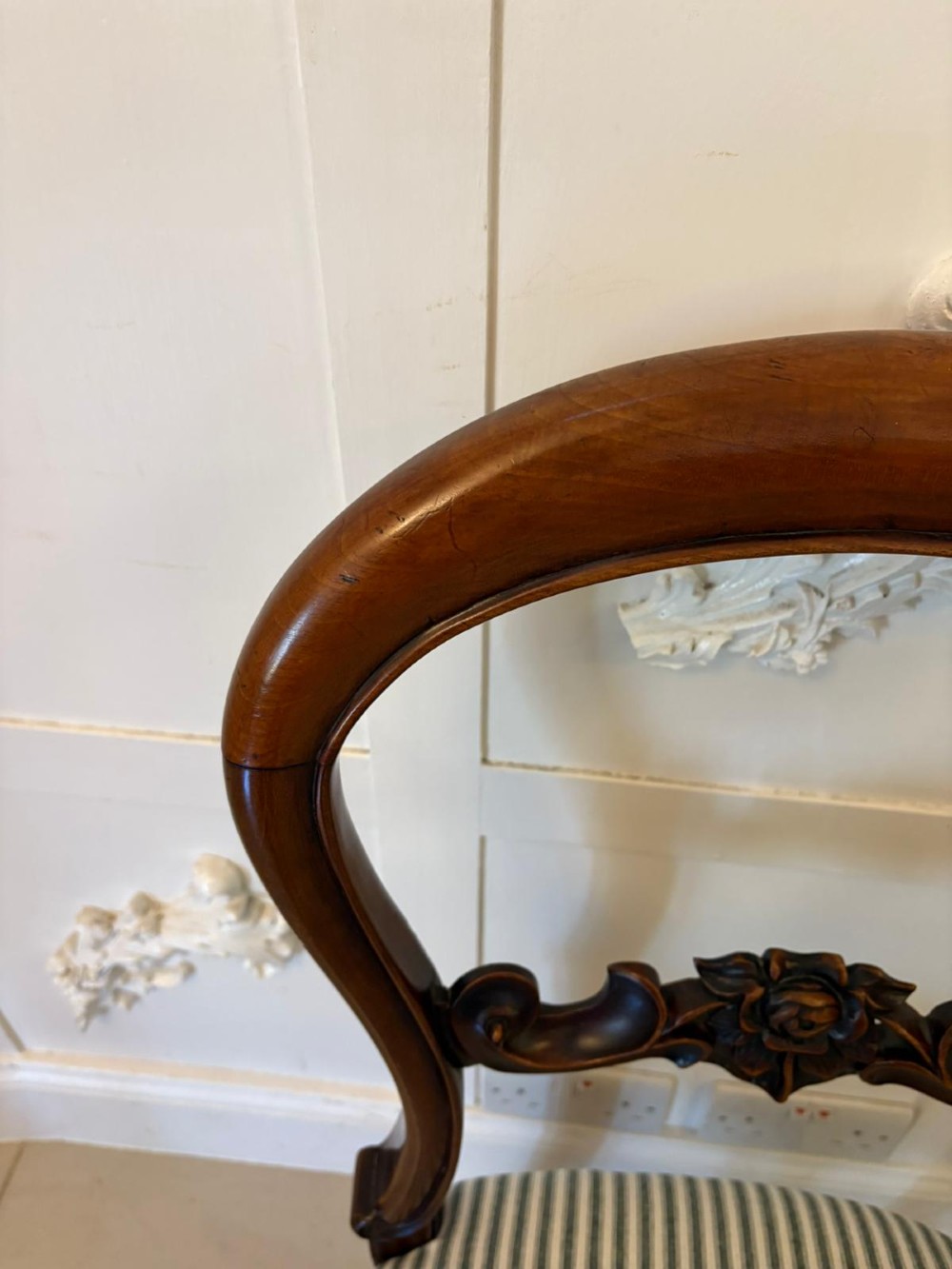 Set of six antique Victorian mahogany dining chairs featuring carved balloon backrests, cabriole front legs, and green-and-white striped fabric seats. View XII