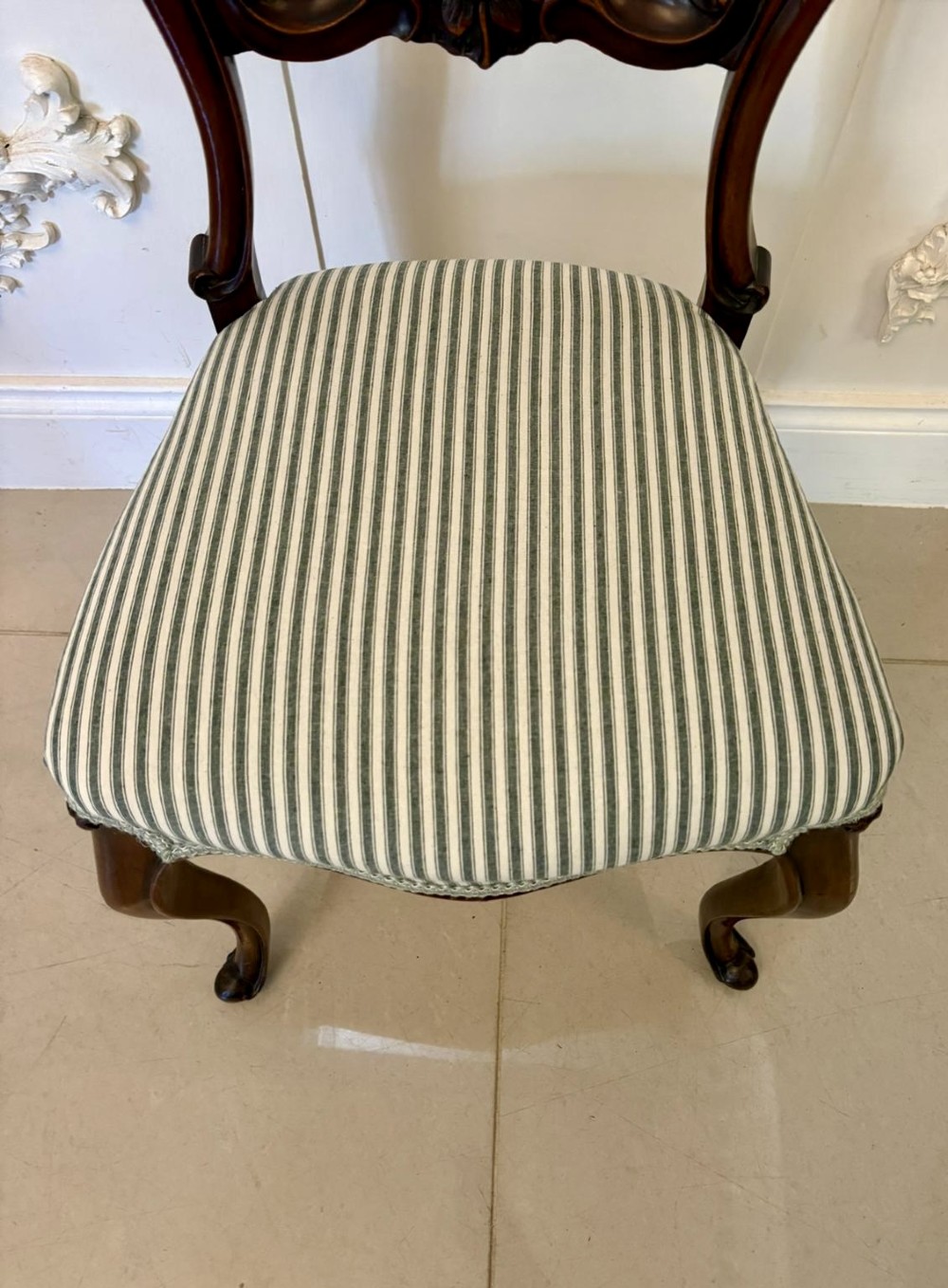 Set of six antique Victorian mahogany dining chairs featuring carved balloon backrests, cabriole front legs, and green-and-white striped fabric seats. View XIV