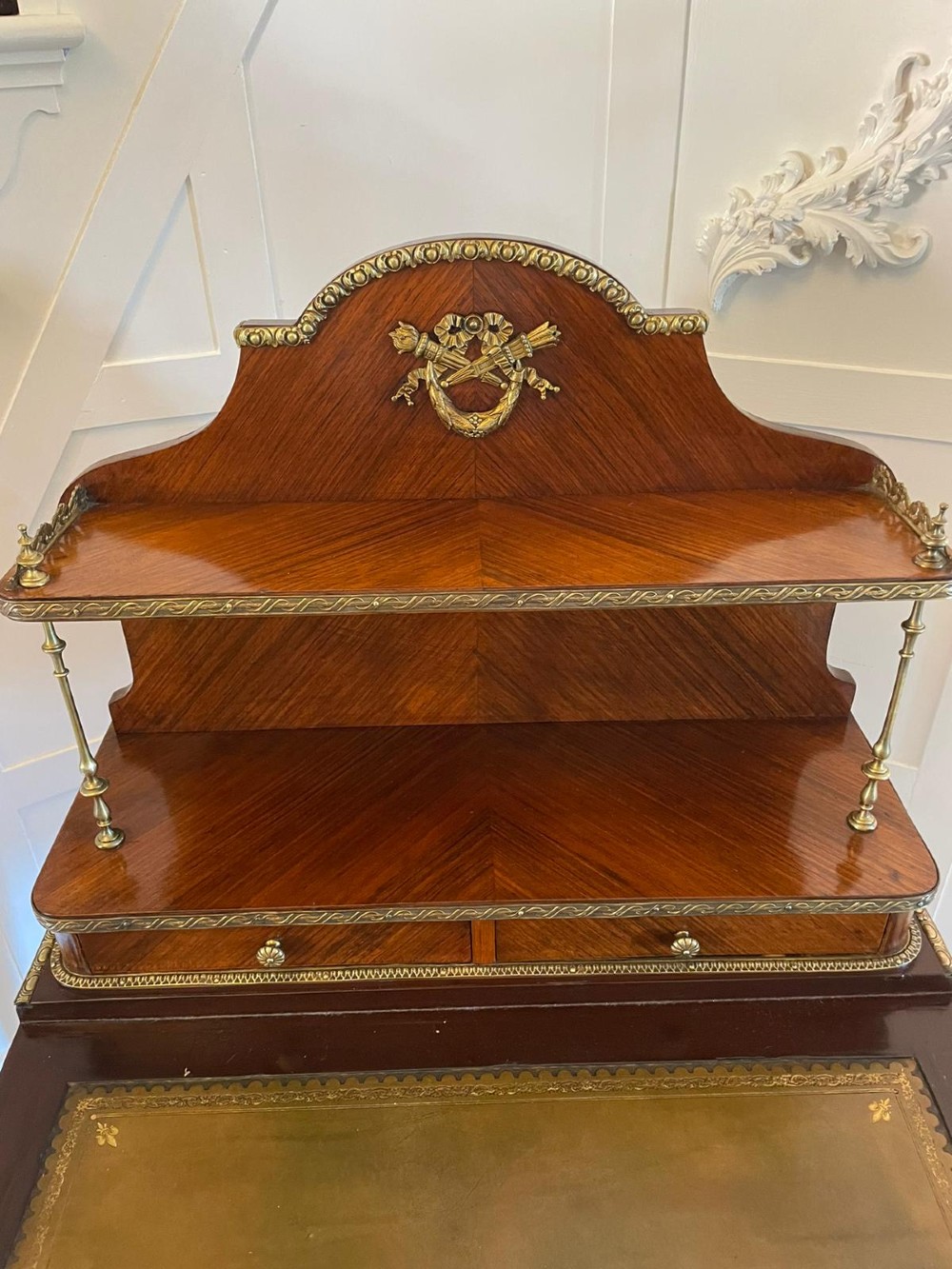 A French kingwood writing desk featuring a stepped upper superstructure with drawers, gilt-bronze mounts, parquetry veneer, and cabriole legs. View II