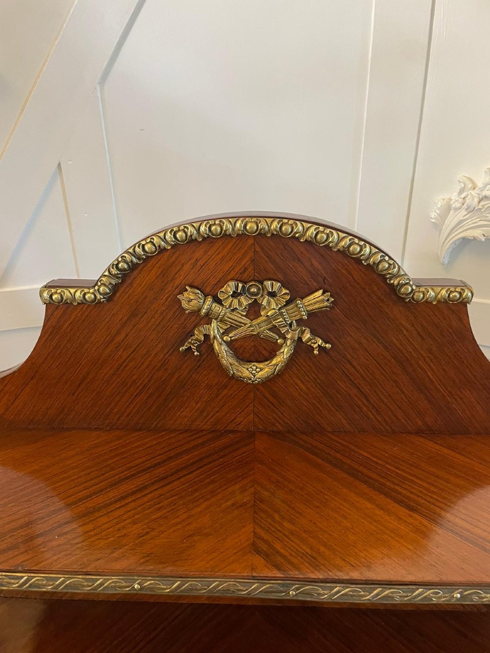 A French kingwood writing desk featuring a stepped upper superstructure with drawers, gilt-bronze mounts, parquetry veneer, and cabriole legs. View III