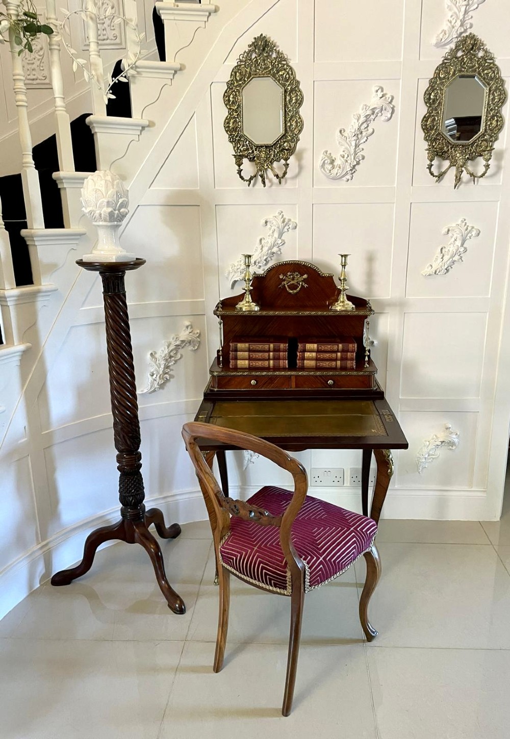 A French kingwood writing desk featuring a stepped upper superstructure with drawers, gilt-bronze mounts, parquetry veneer, and cabriole legs. View IV