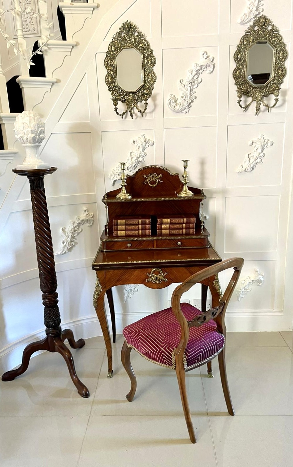 A French kingwood writing desk featuring a stepped upper superstructure with drawers, gilt-bronze mounts, parquetry veneer, and cabriole legs. View VII