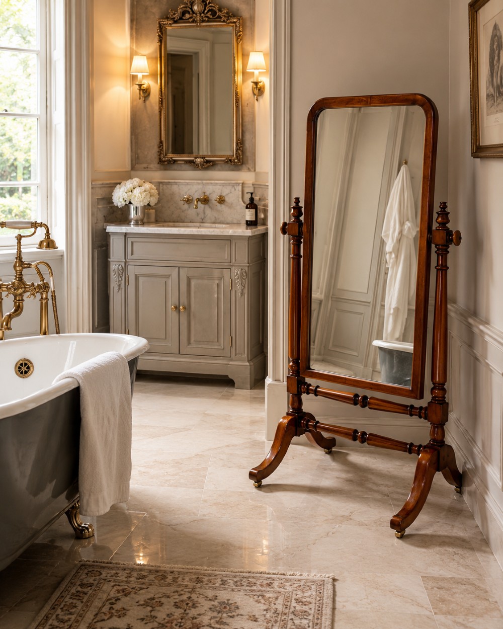 A Victorian mahogany freestanding cheval mirror featuring turned upright pillars, arched legs, and a swivelling full-length mirror frame. View III