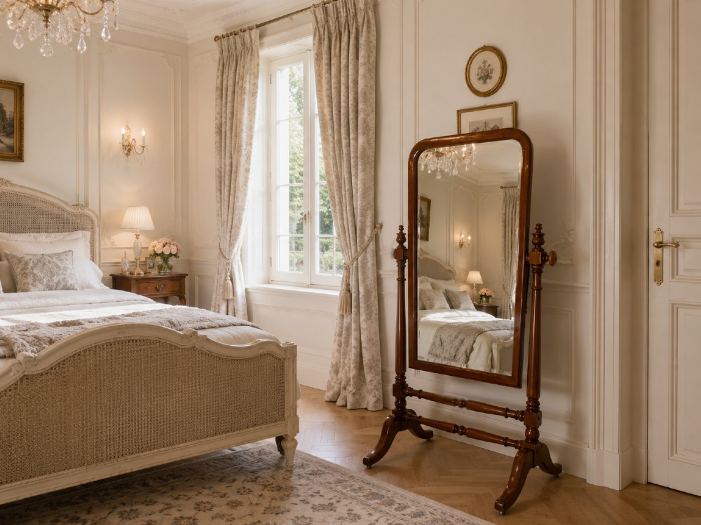 A Victorian mahogany freestanding cheval mirror featuring turned upright pillars, arched legs, and a swivelling full-length mirror frame. View IV