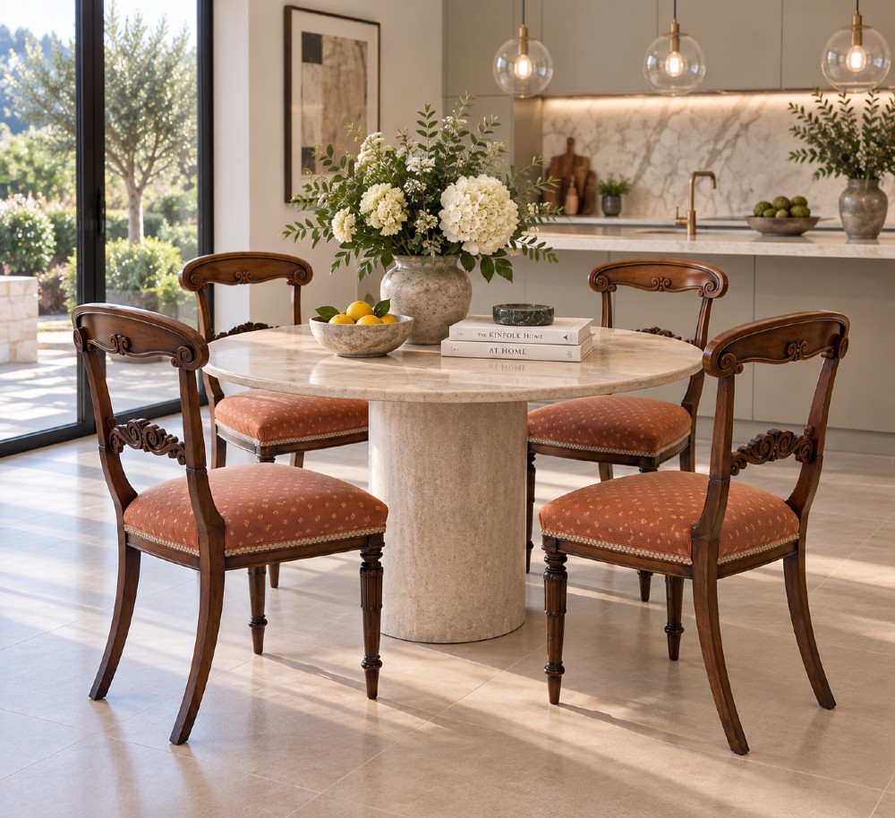 A set of four antique Regency rosewood dining chairs featuring carved scroll top rails and pattern-upholstered seats on turned front legs. View II