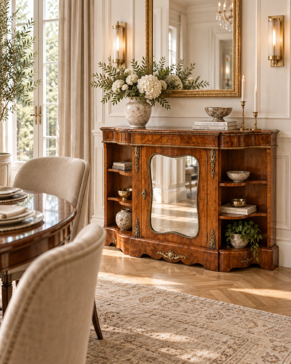 A Victorian burr walnut credenza featuring a central glass door, open serpentine display shelves, and detailed brass ormolu mounts. View II