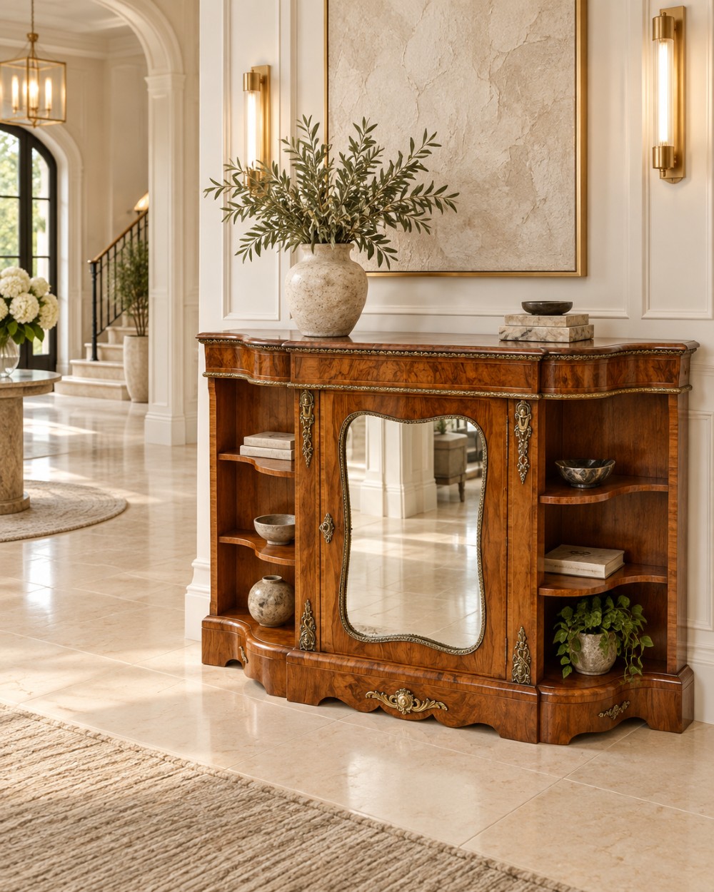 A Victorian burr walnut credenza featuring a central glass door, open serpentine display shelves, and detailed brass ormolu mounts. View III