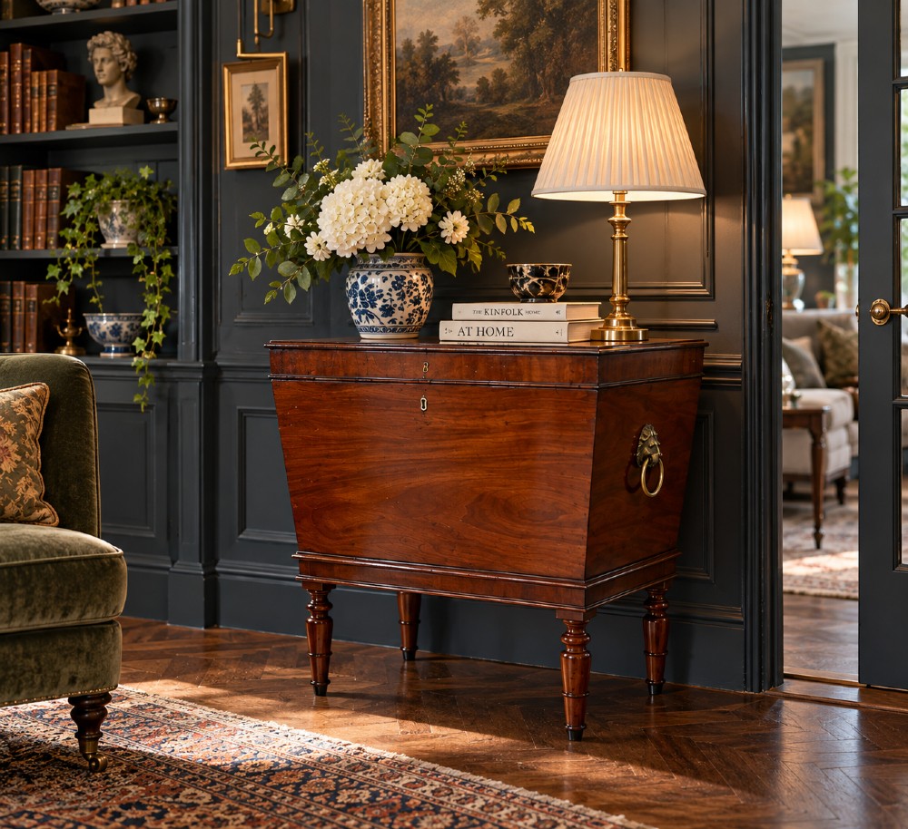 A Georgian mahogany cellarette featuring a tapered rectangular body on turned legs with brass lion-mask side handles and a keyhole lid. View II