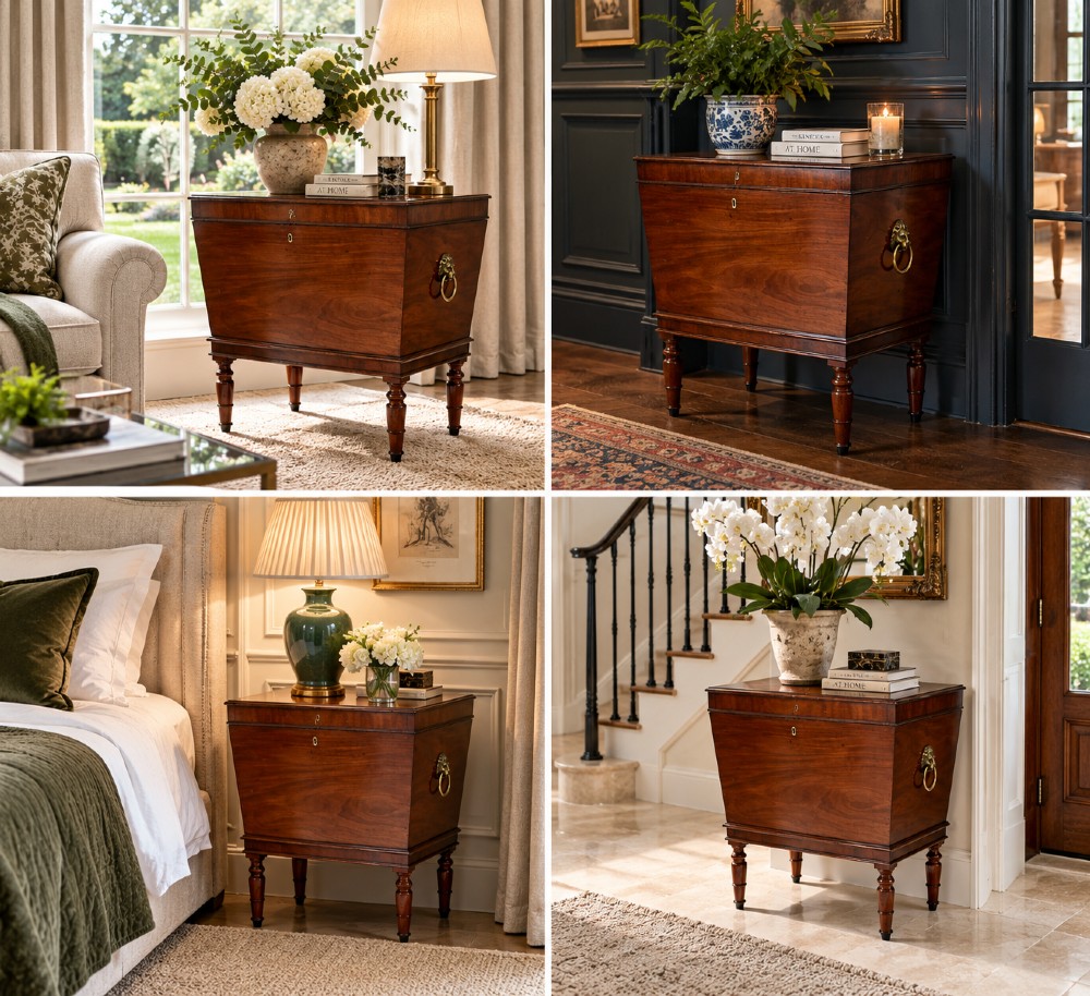 A Georgian mahogany cellarette featuring a tapered rectangular body on turned legs with brass lion-mask side handles and a keyhole lid. View III