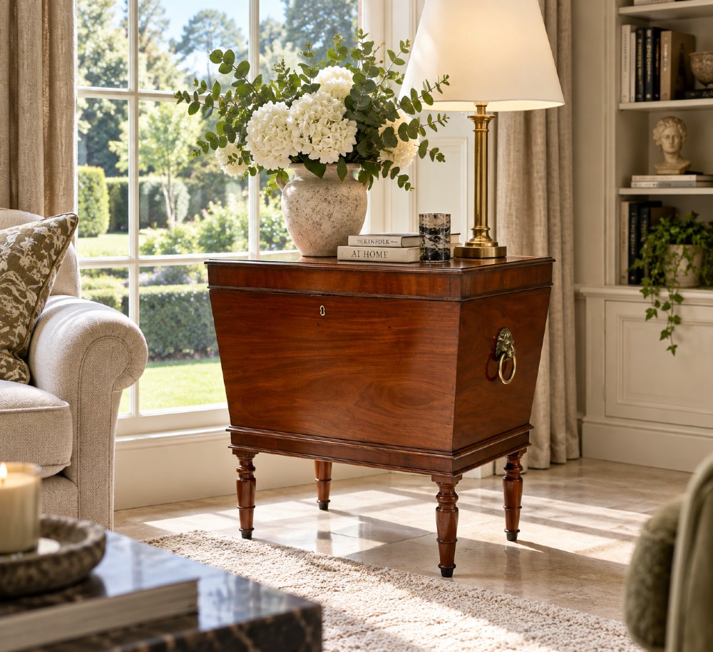 A Georgian mahogany cellarette featuring a tapered rectangular body on turned legs with brass lion-mask side handles and a keyhole lid. View IV