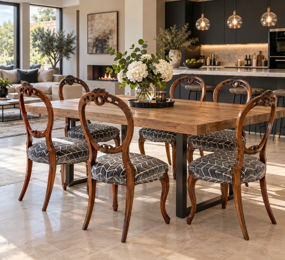 A set of six Victorian carved walnut balloon back dining chairs featuring cabriole legs and grey geometric velvet upholstered seats. View II