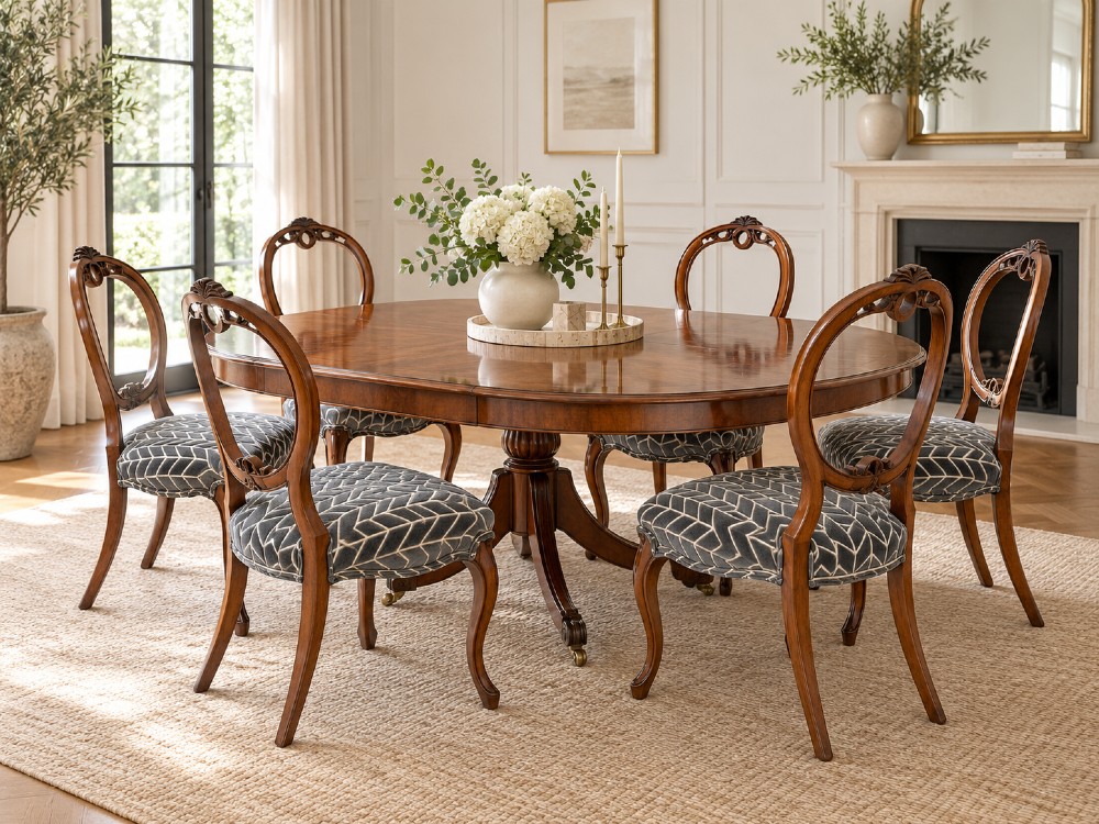 A set of six Victorian carved walnut balloon back dining chairs featuring cabriole legs and grey geometric velvet upholstered seats. View III