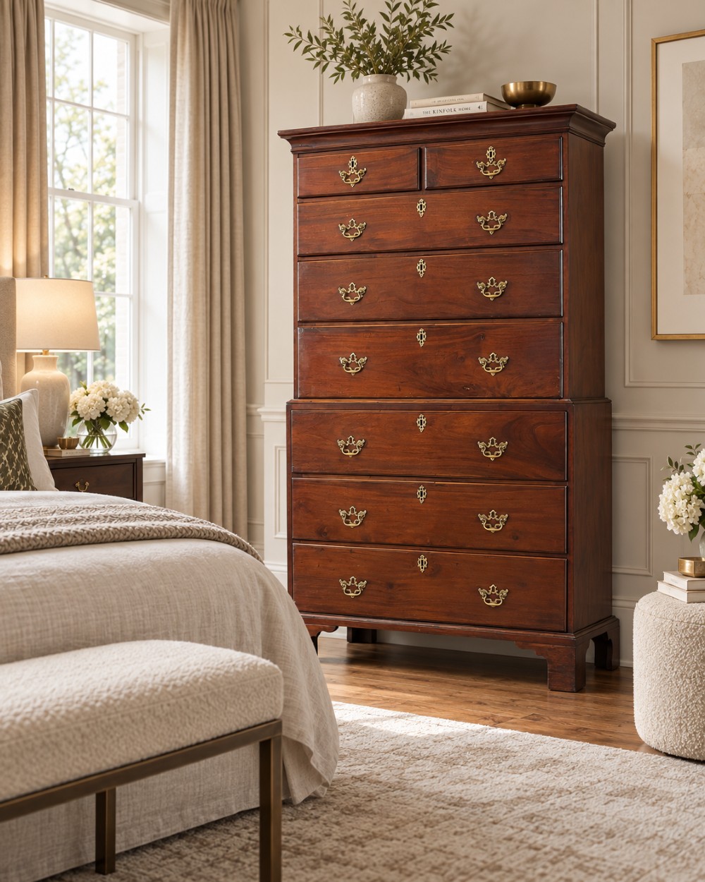 An antique Georgian mahogany chest on chest featuring eight drawers with brass swan-neck handles, keyhole escutcheons, and bracket feet. View III