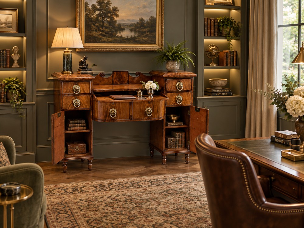 A Regency flame mahogany kneehole desk featuring twin pedestals with multiple drawers, brass ring handles, turned feet, and a shaped back gallery. View III