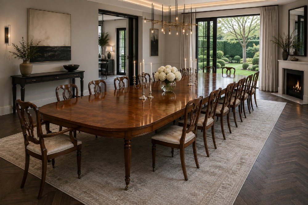 A long Regency extending dining table crafted from polished figured mahogany with reeded legs set on brass castors. View II
