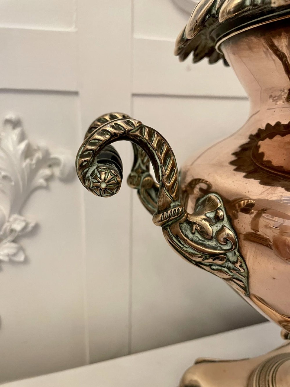 An antique Victorian polished copper and brass samovar featuring cast scrolling handles, a fluted top lid, a front tap, and a stepped square base. View III