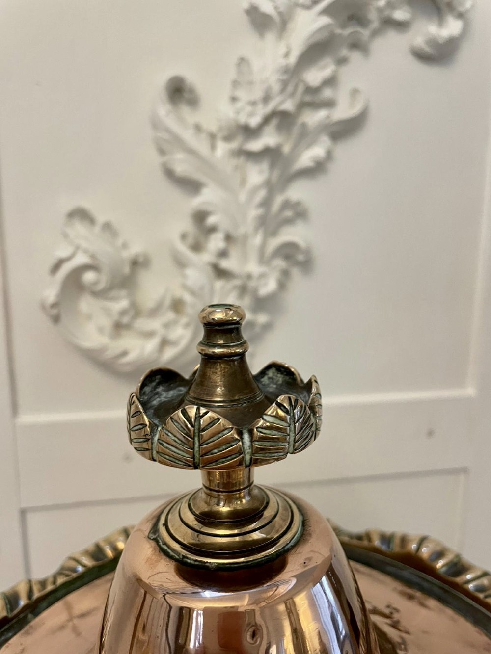 An antique Victorian polished copper and brass samovar featuring cast scrolling handles, a fluted top lid, a front tap, and a stepped square base. View IV