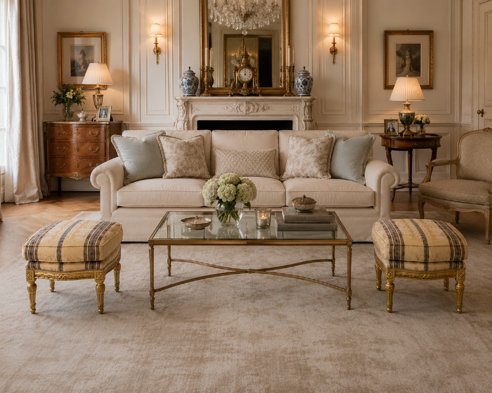 A pair of square French style footstools featuring carved gold giltwood frames, fluted legs, and yellow patterned upholstery. View III