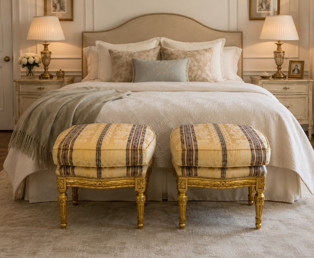 A pair of square French style footstools featuring carved gold giltwood frames, fluted legs, and yellow patterned upholstery. View IV