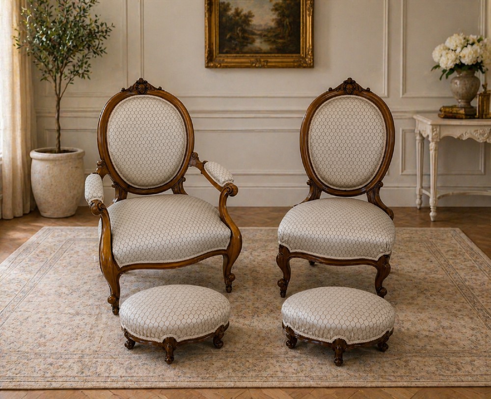 An eleven-piece antique Victorian carved walnut salon suite featuring a central sofa, pair of armchairs, six side chairs, and two footstools, all upholstered in a patterned cream fabric. View II