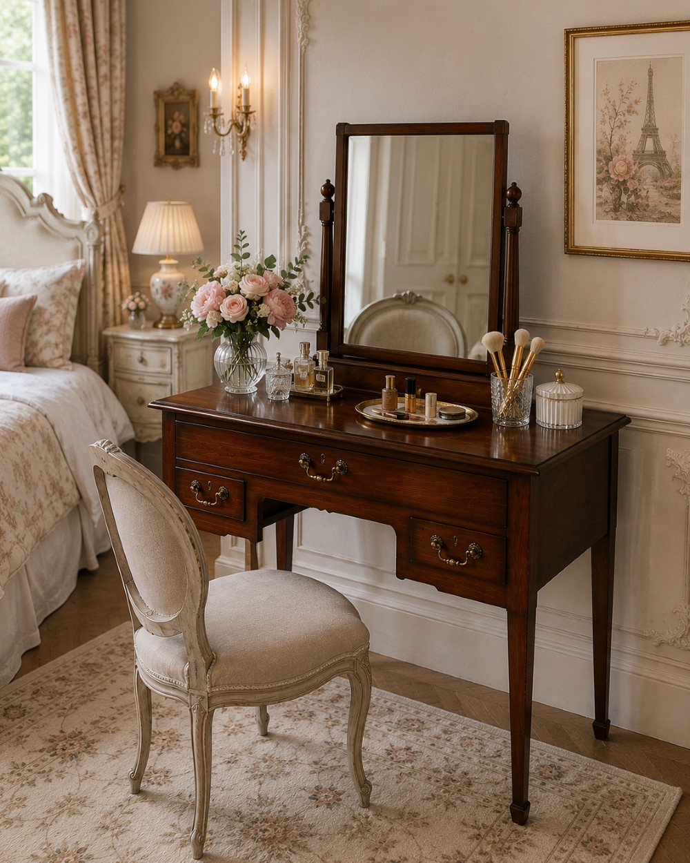An antique Georgian mahogany lowboy hall table featuring three drawers with brass swan-neck handles and straight square legs. View II