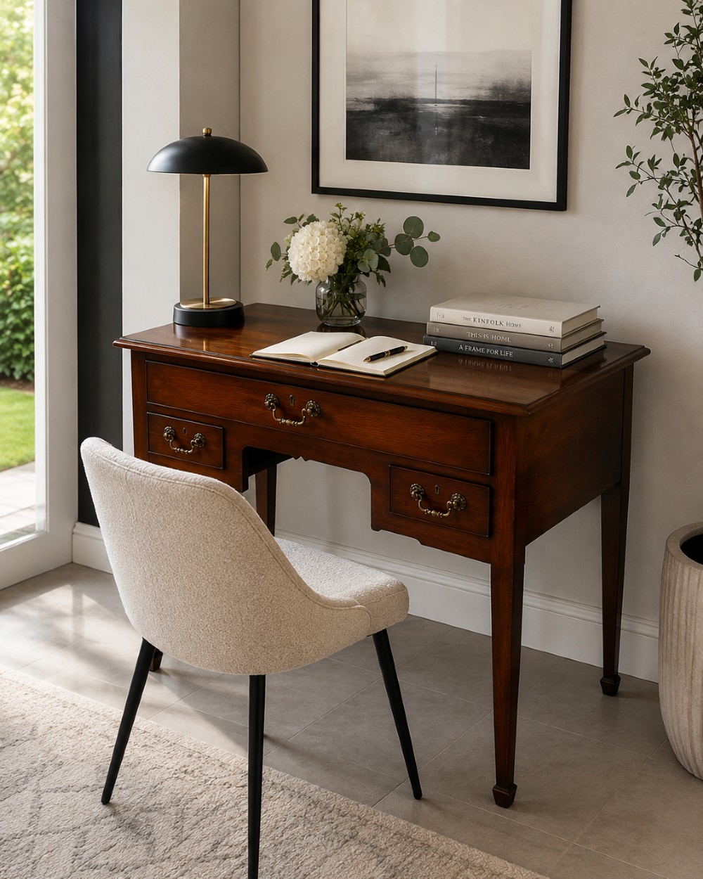 An antique Georgian mahogany lowboy hall table featuring three drawers with brass swan-neck handles and straight square legs. View III