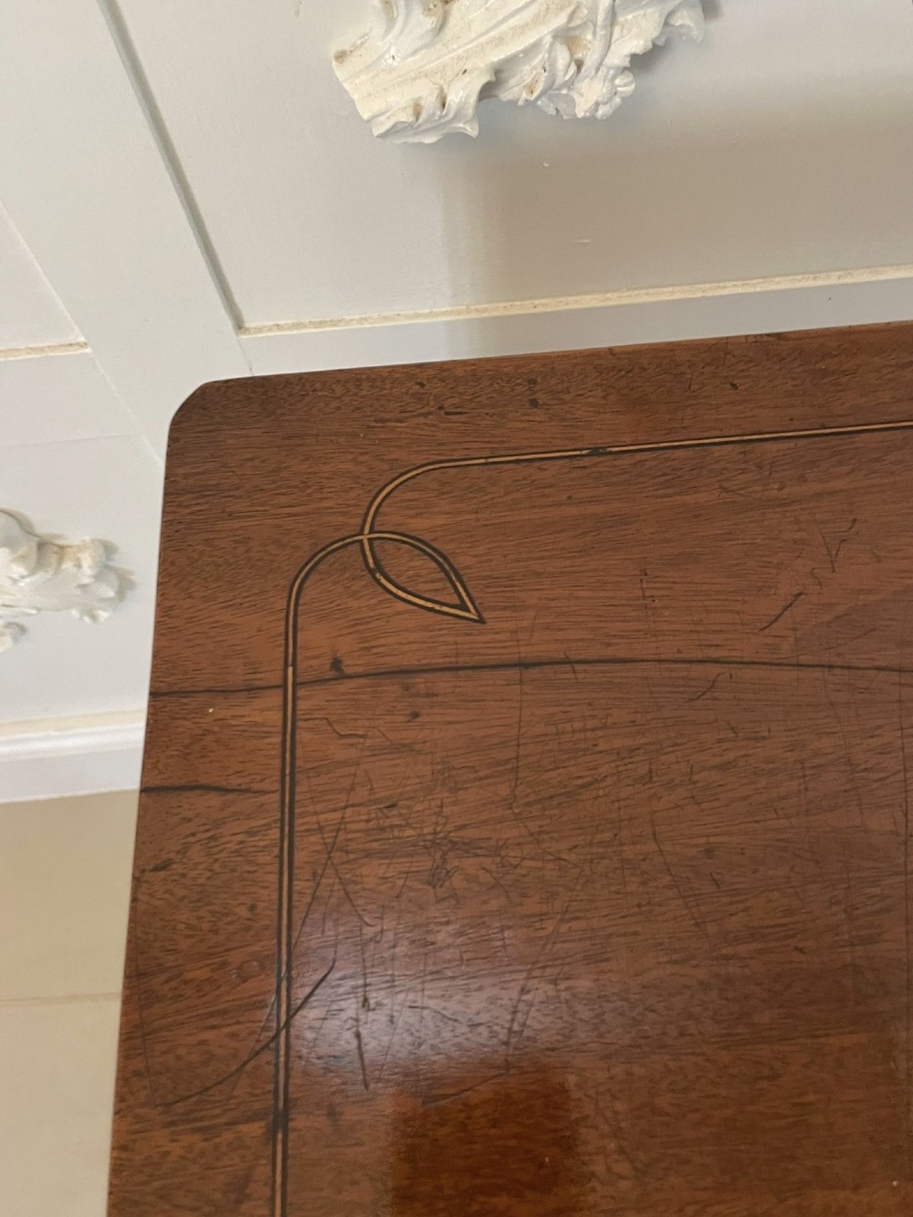 A square Regency mahogany lamp table with boxwood inlay, slender turned legs, and a curved X-form lower stretcher. View II