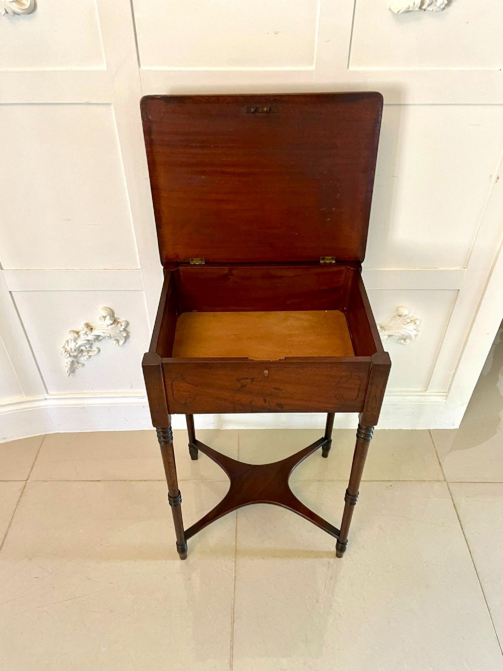 A square Regency mahogany lamp table with boxwood inlay, slender turned legs, and a curved X-form lower stretcher. View III