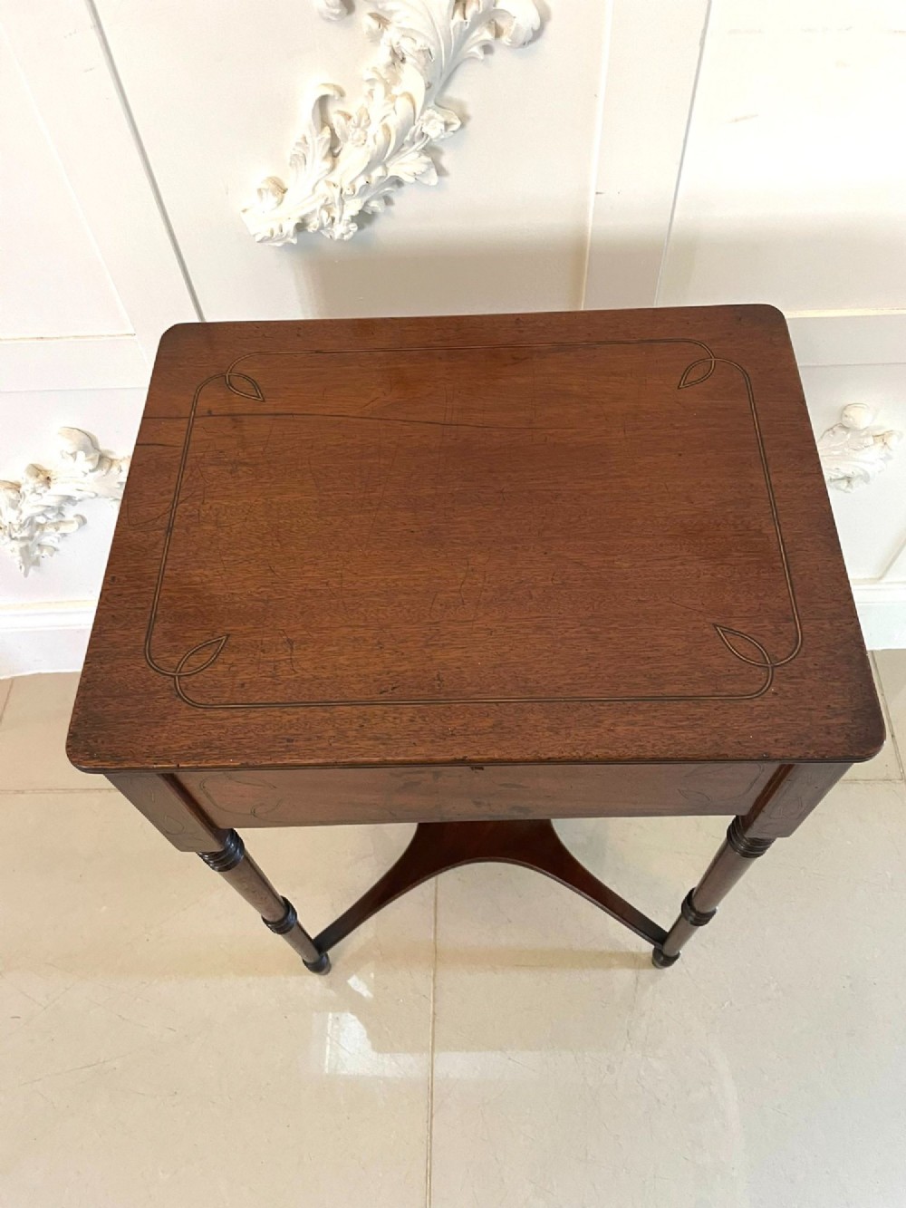 A square Regency mahogany lamp table with boxwood inlay, slender turned legs, and a curved X-form lower stretcher. View V