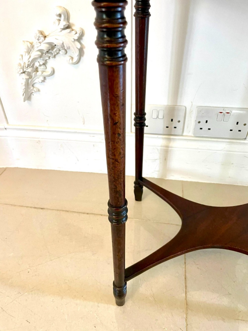 A square Regency mahogany lamp table with boxwood inlay, slender turned legs, and a curved X-form lower stretcher. View VIII