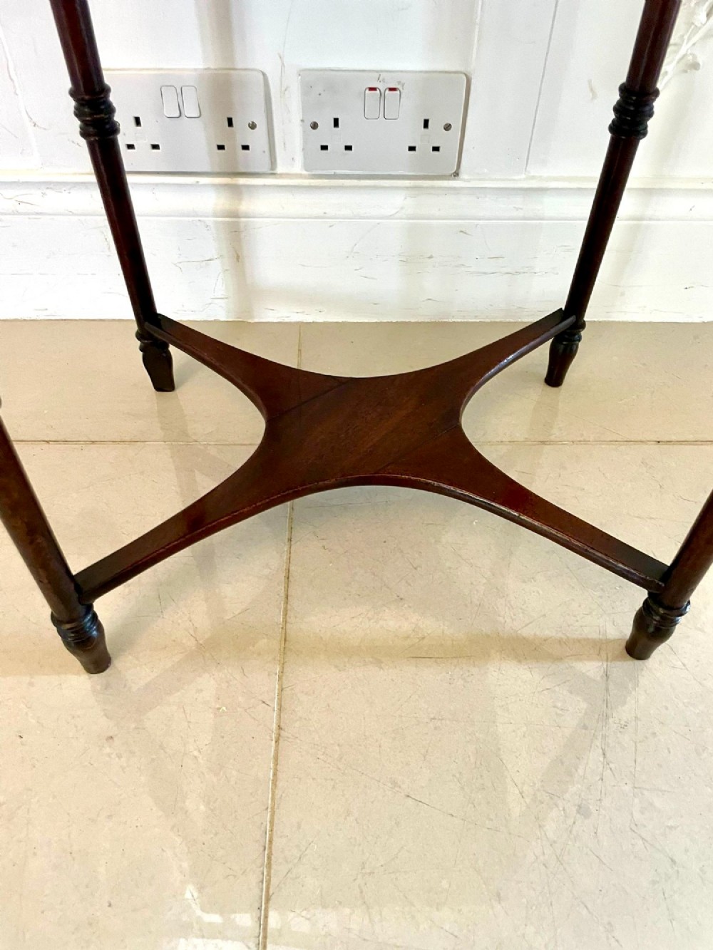 A square Regency mahogany lamp table with boxwood inlay, slender turned legs, and a curved X-form lower stretcher. View IX