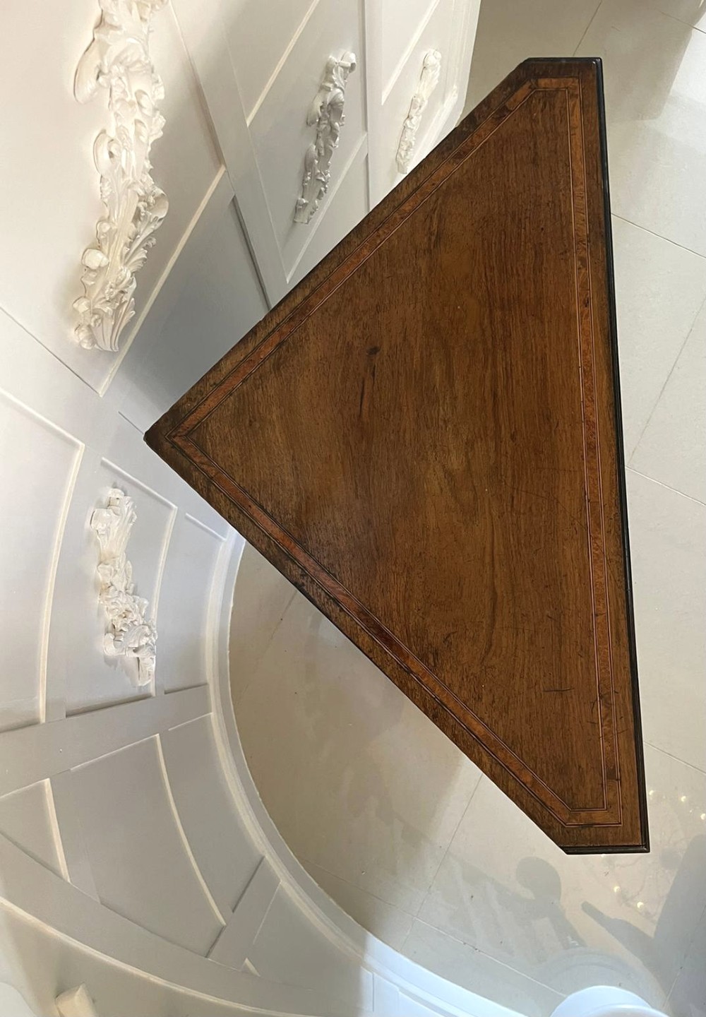 A Victorian dark walnut floor-standing corner cabinet featuring fine marquetry inlay and a central oval hand-painted porcelain plaque. View V