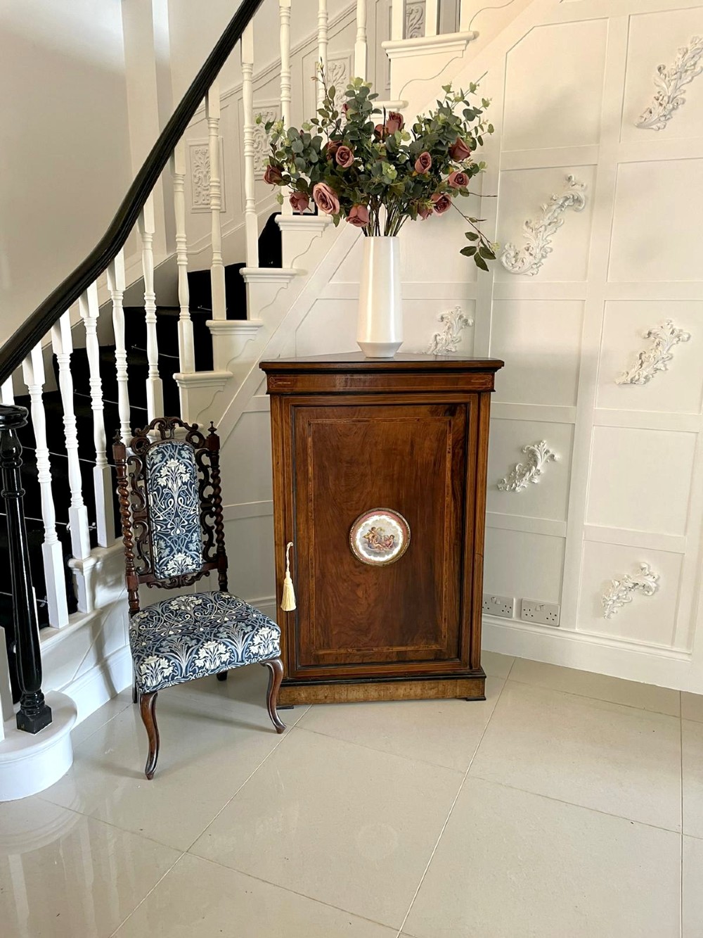 A Victorian dark walnut floor-standing corner cabinet featuring fine marquetry inlay and a central oval hand-painted porcelain plaque. View VII