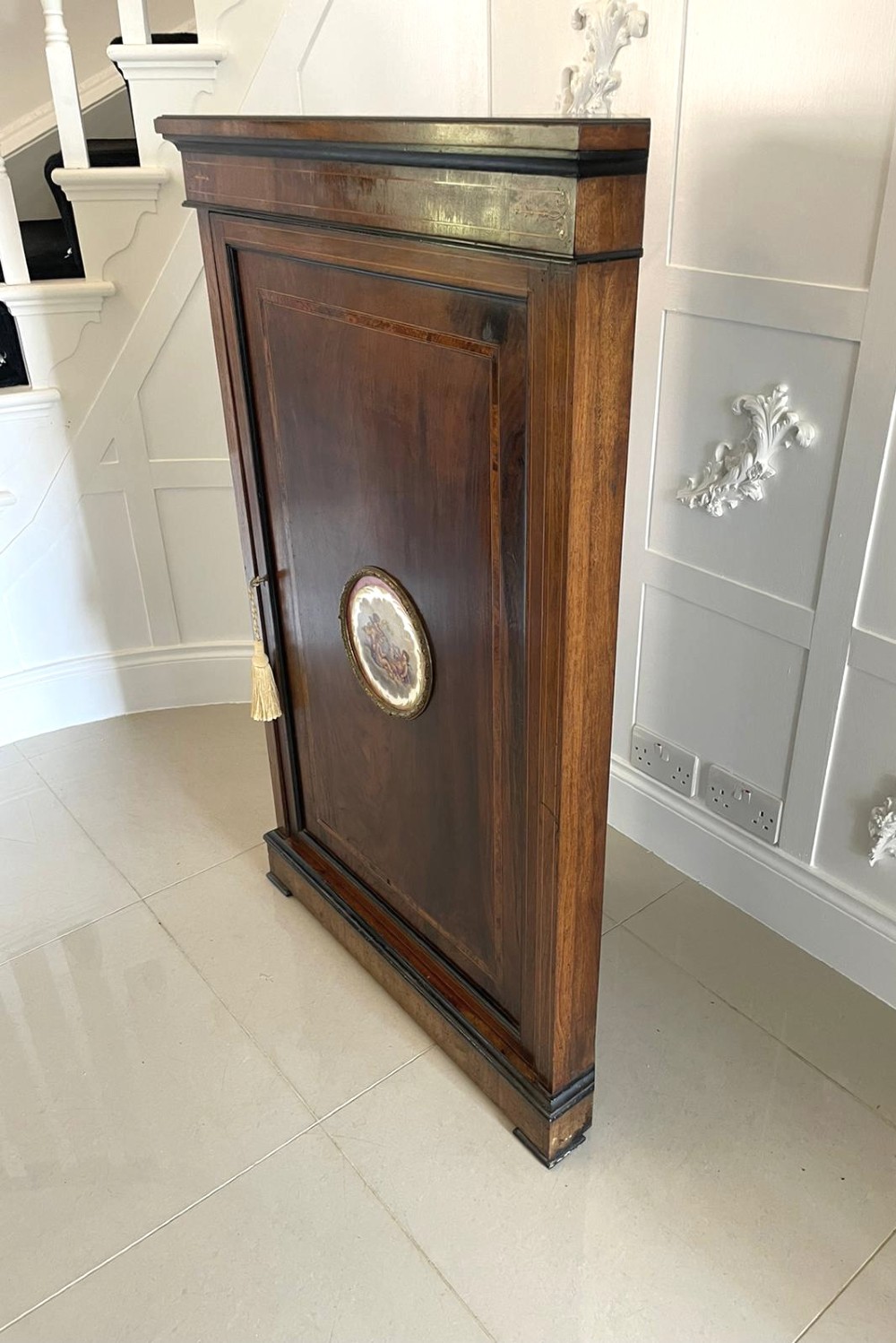 A Victorian dark walnut floor-standing corner cabinet featuring fine marquetry inlay and a central oval hand-painted porcelain plaque. View VIII