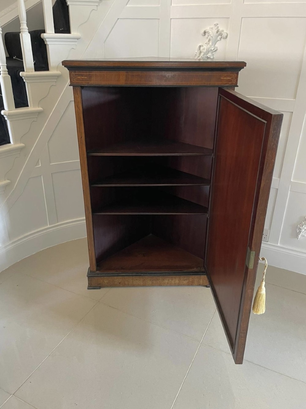 A Victorian dark walnut floor-standing corner cabinet featuring fine marquetry inlay and a central oval hand-painted porcelain plaque. View IX