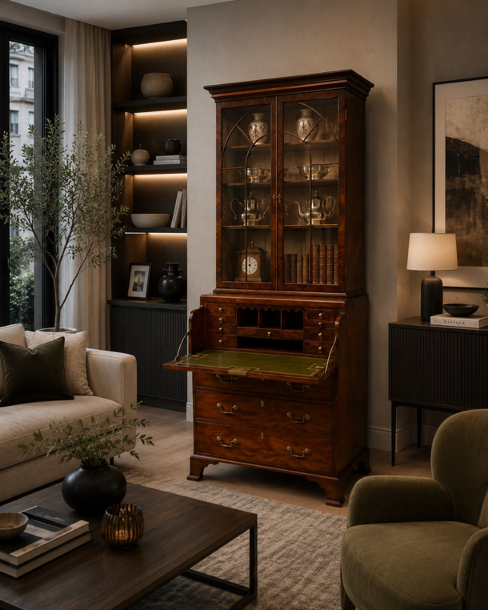 A tall Georgian mahogany secretaire bookcase featuring an upper cabinet with astragal glazed doors and a lower chest of drawers with brass handles. View II