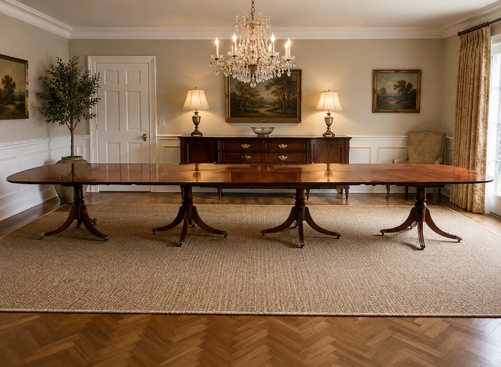 A long extendable mahogany banquet dining table set on four turned pedestal bases with splayed legs and brass castors. View III